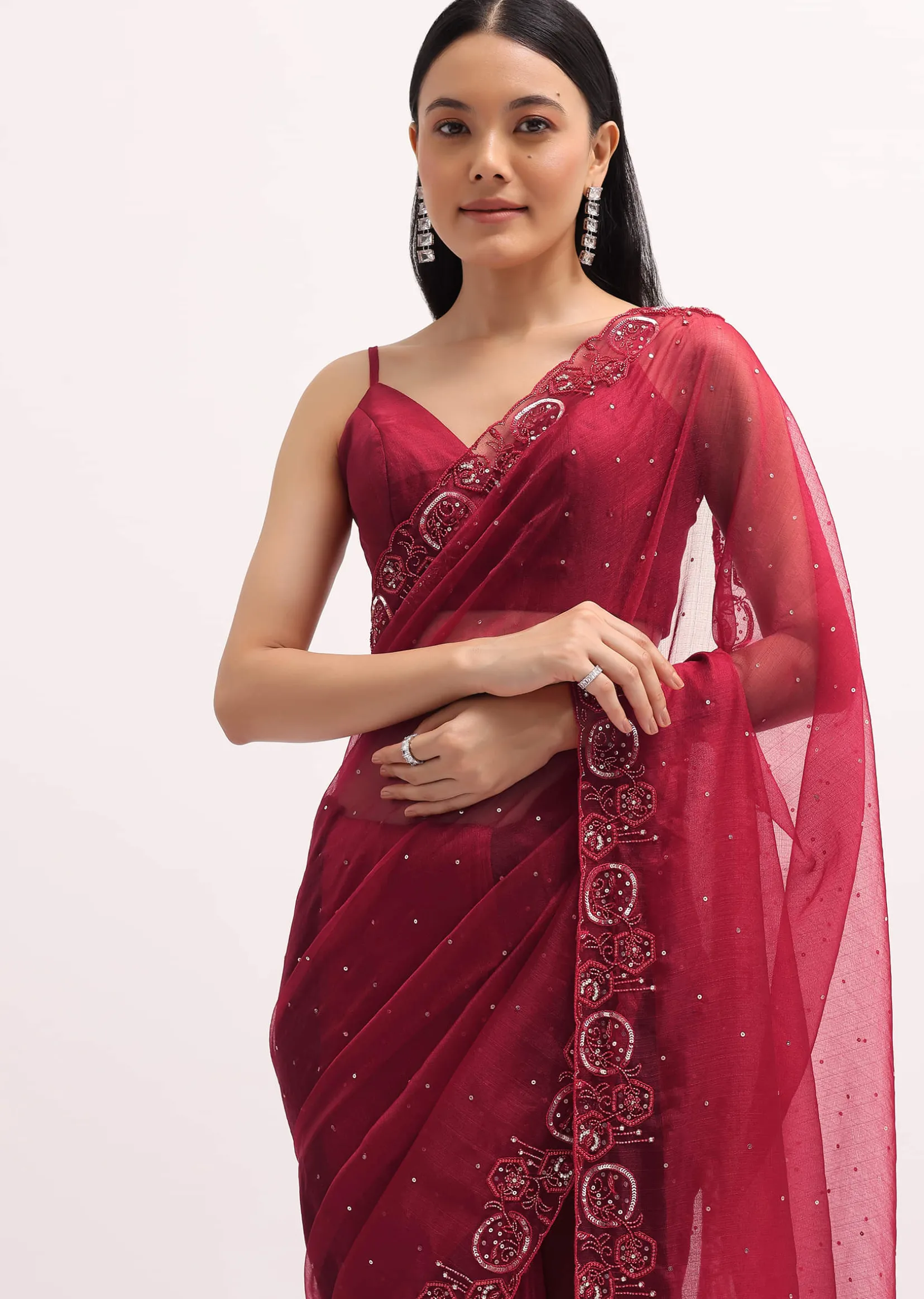 Red Organza Saree In Sequins With Unstitched Blouse