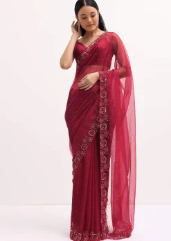 Red Organza Saree In Sequins With Unstitched Blouse