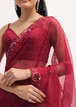 Red Organza Saree In Sequins With Unstitched Blouse