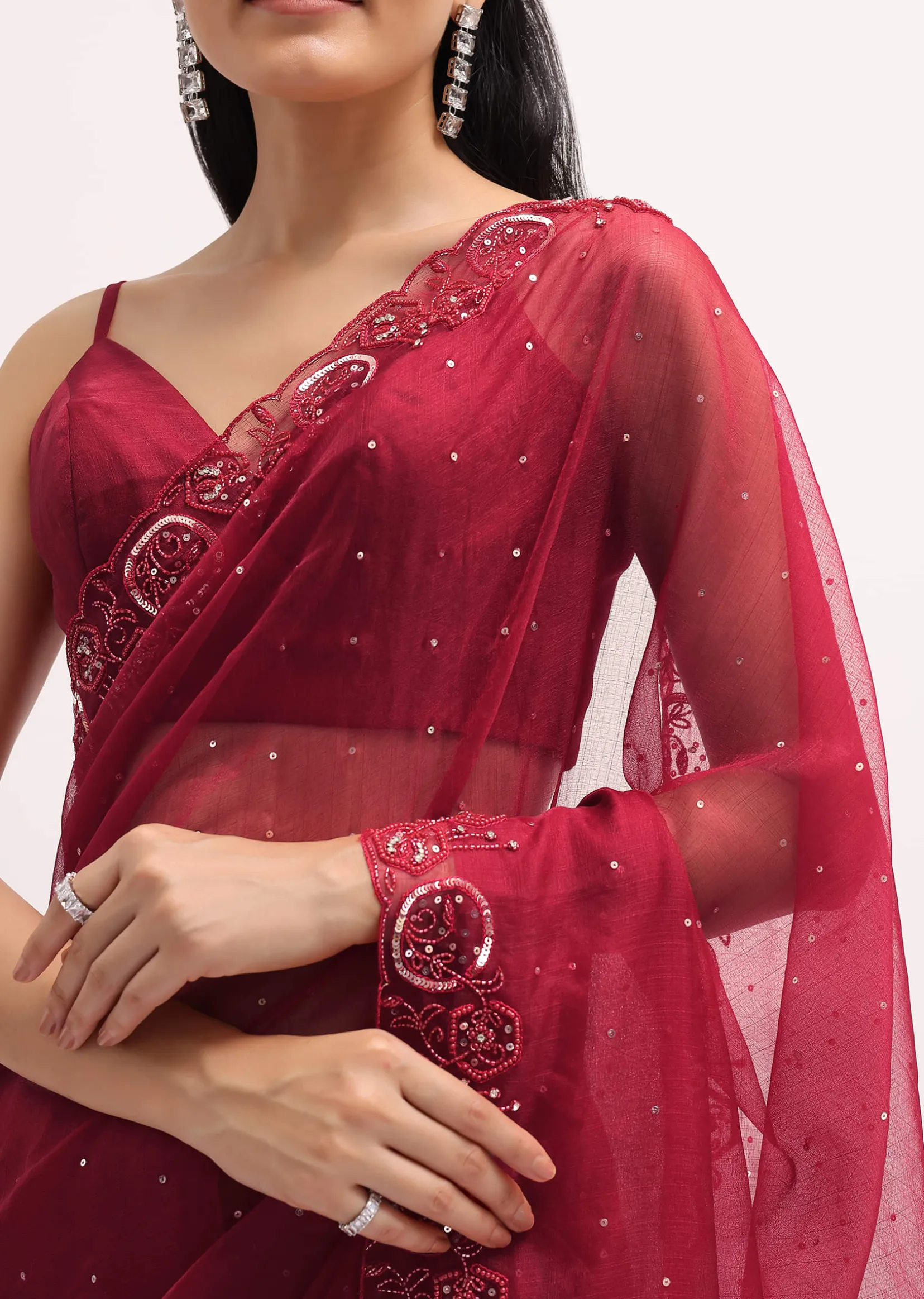 Red Organza Saree In Sequins With Unstitched Blouse