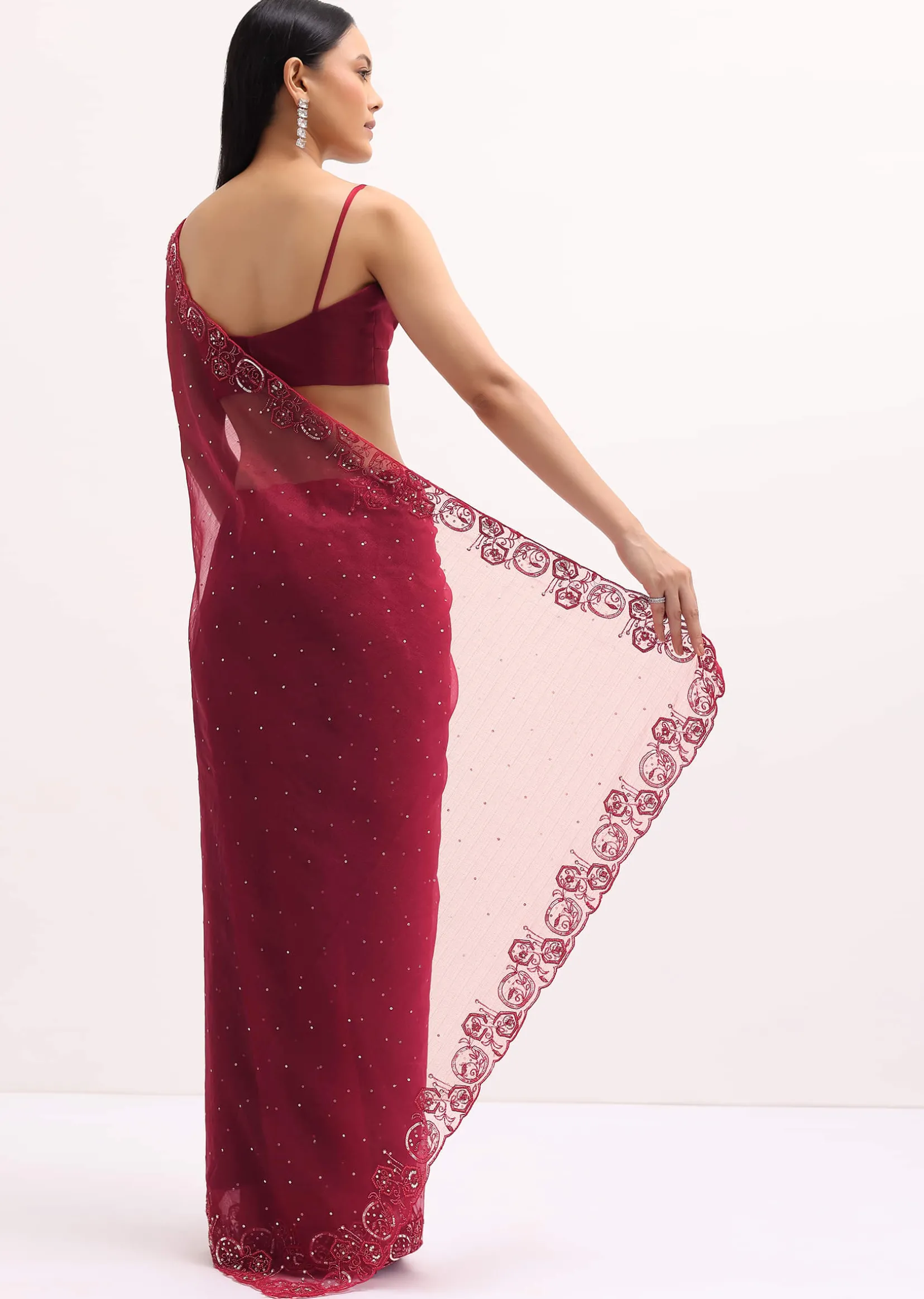 Red Organza Saree In Sequins With Unstitched Blouse