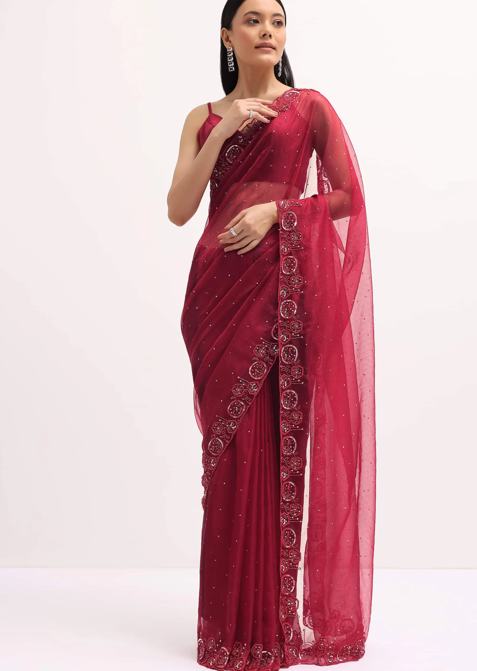 Red Organza Saree In Sequins With Unstitched Blouse
