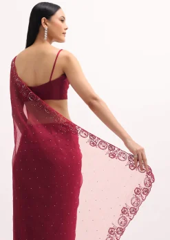 Red Organza Saree In Sequins With Unstitched Blouse