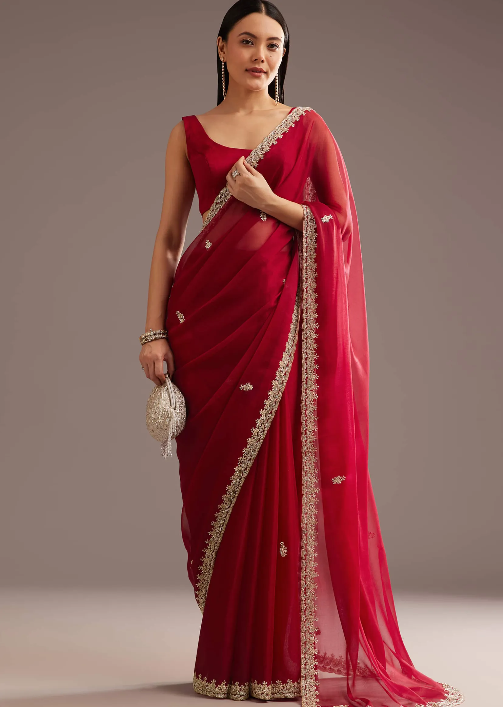 Red Organza Saree With Cutdana And Sequins Border