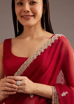 Red Organza Saree With Cutdana And Sequins Border