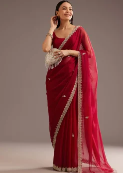 Red Organza Saree With Cutdana And Sequins Border
