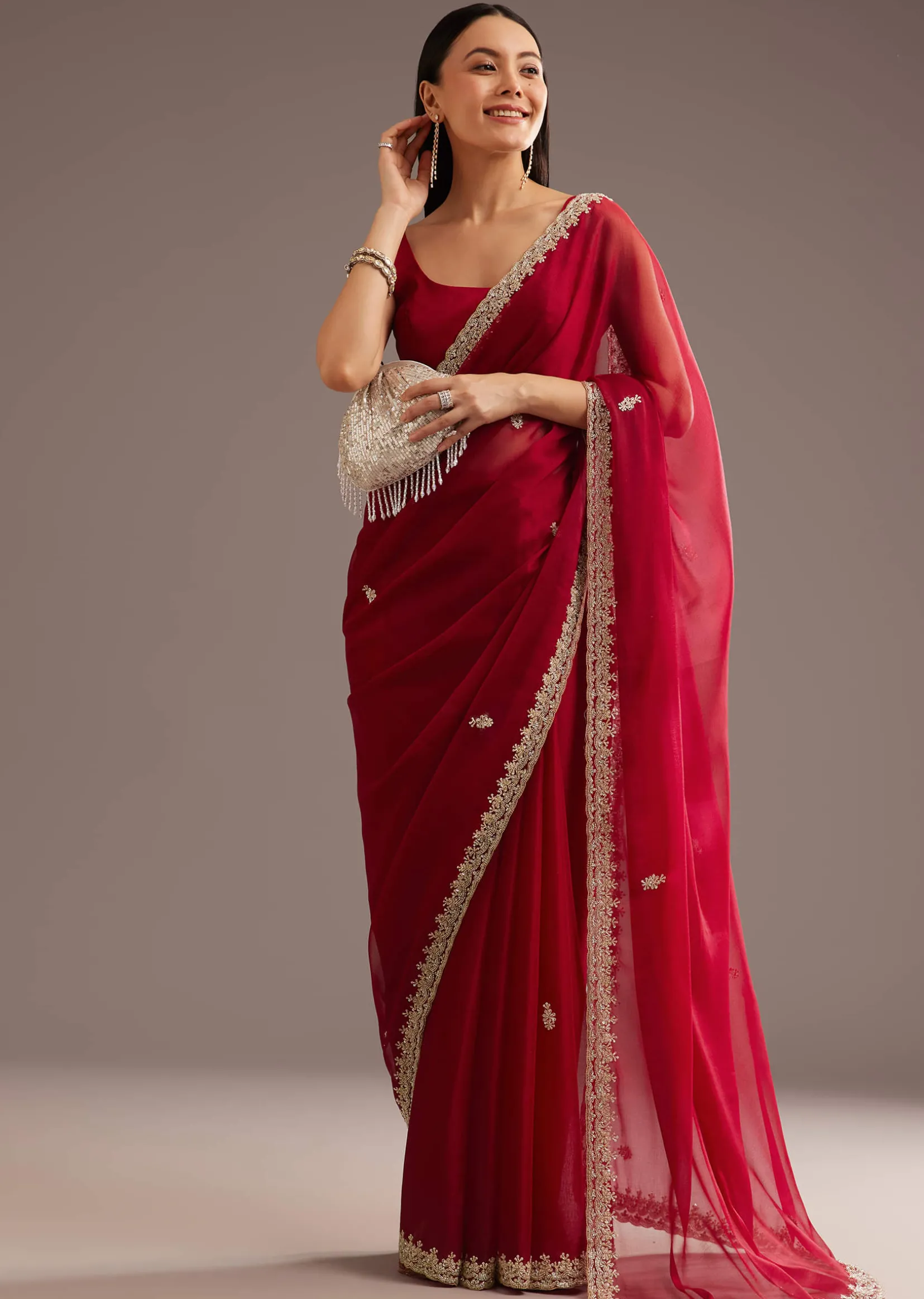 Red Organza Saree With Cutdana And Sequins Border
