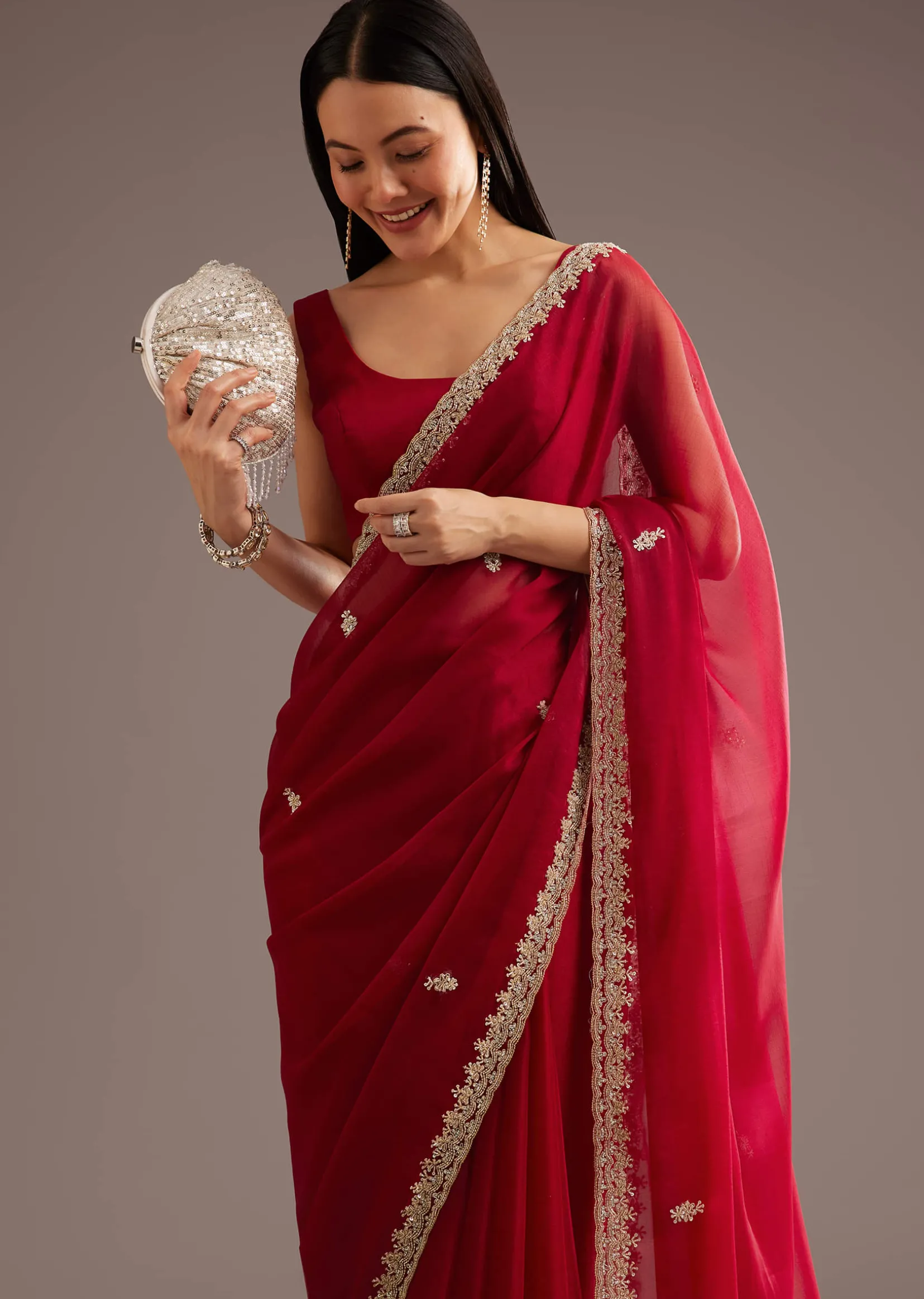 Red Organza Saree With Cutdana And Sequins Border