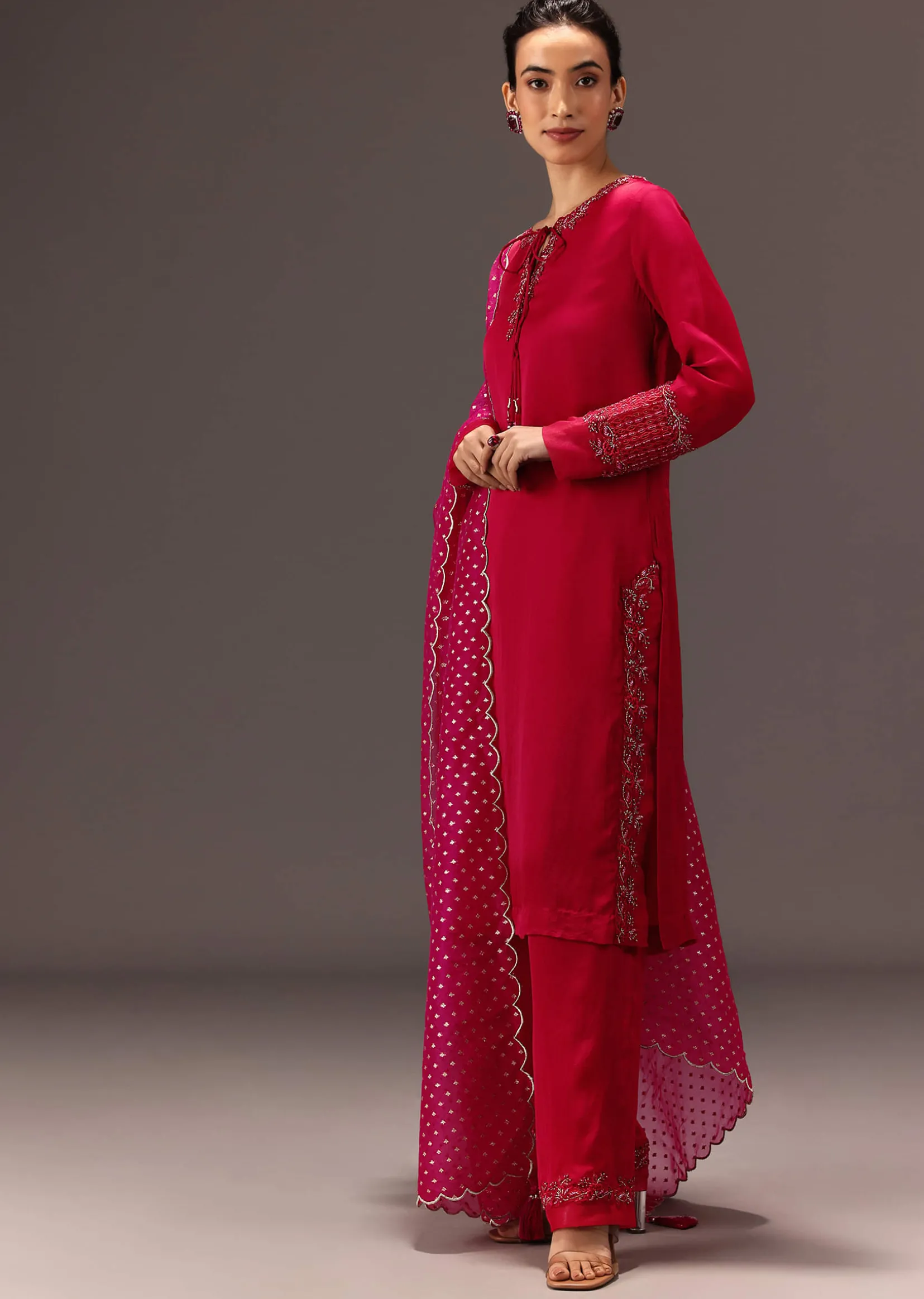Red Organza Satin Hand Embroidered Kurta Set