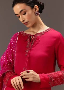 Red Organza Satin Hand Embroidered Kurta Set