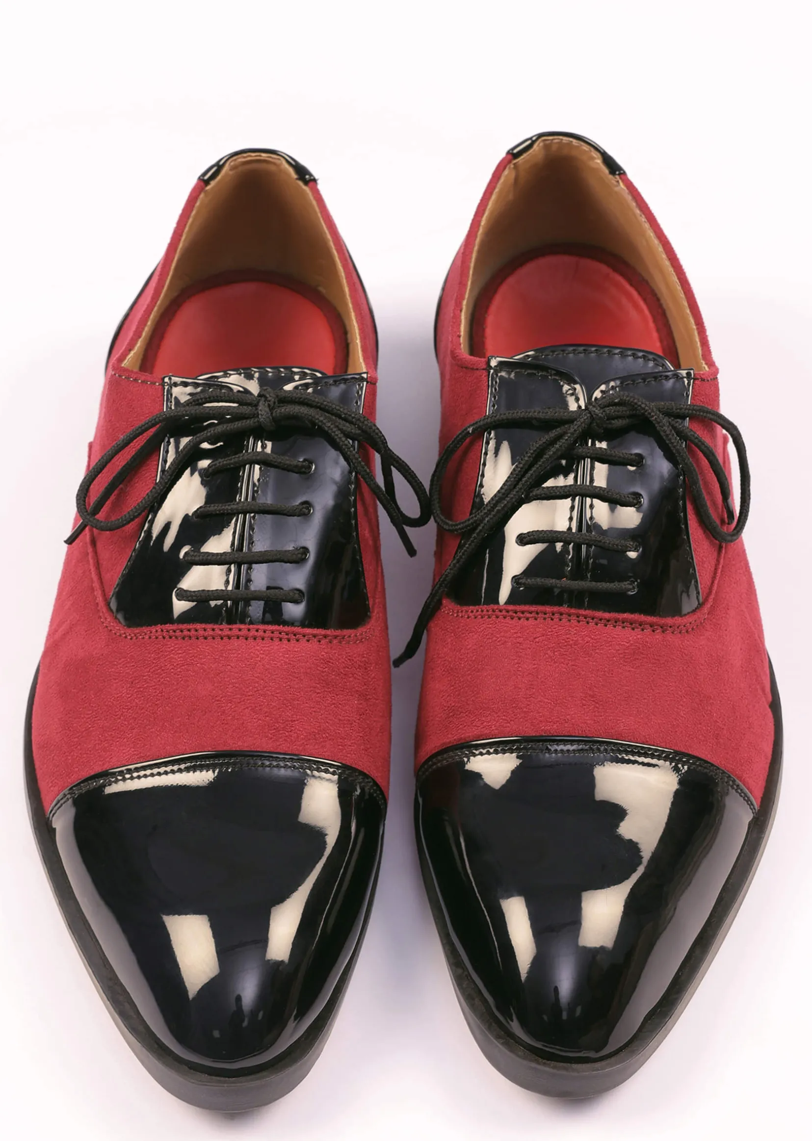 Red Oxfords In Suede With Black Rexine Leather Detailing