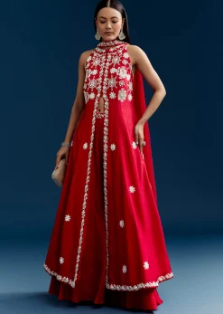 Red Palazzo Suit With Mirror And Moti Work Front Slit Kurta