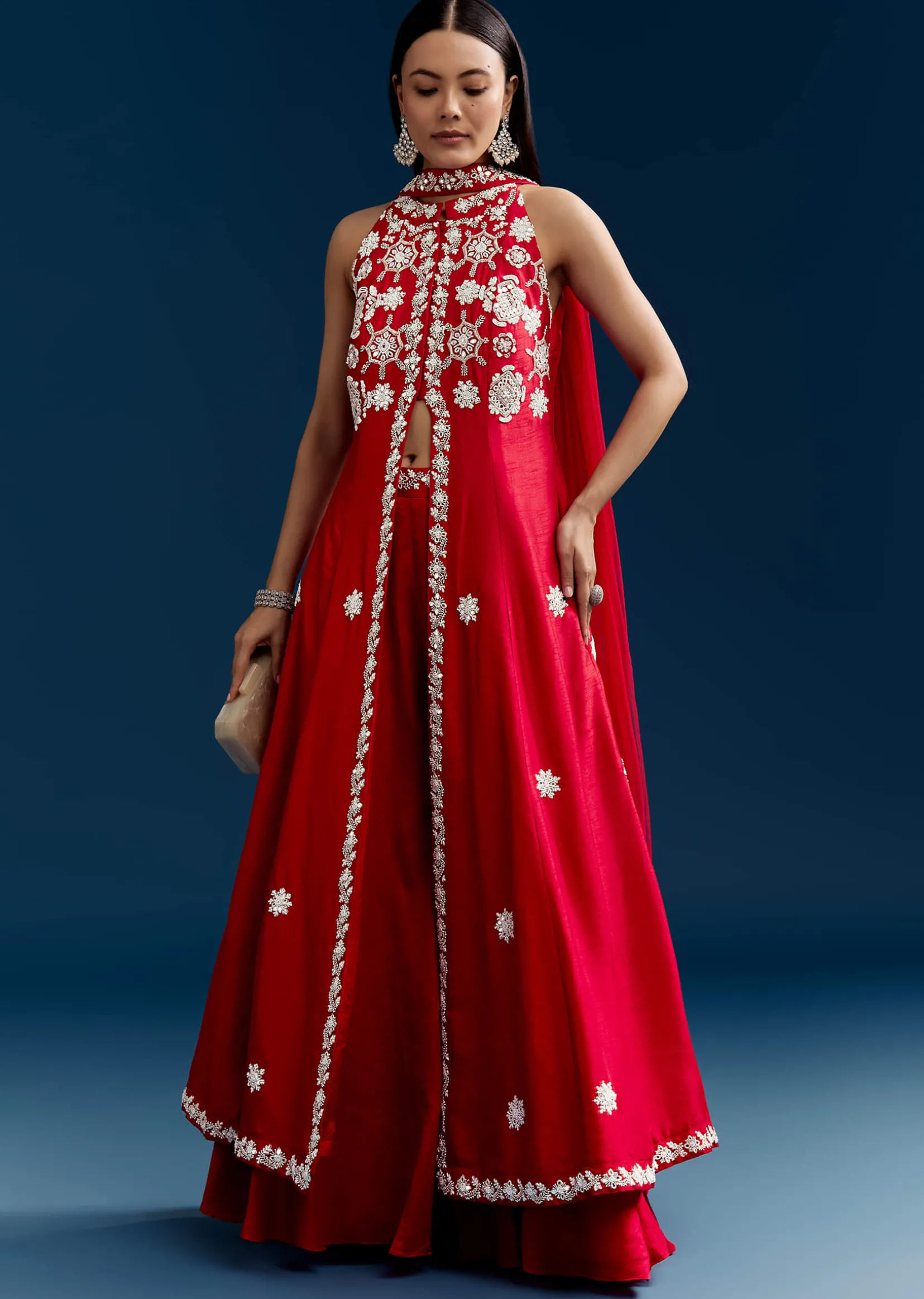 Red Palazzo Suit With Mirror And Moti Work Front Slit Kurta