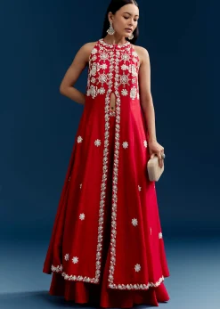 Red Palazzo Suit With Mirror And Moti Work Front Slit Kurta