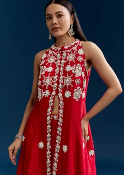 Red Palazzo Suit With Mirror And Moti Work Front Slit Kurta