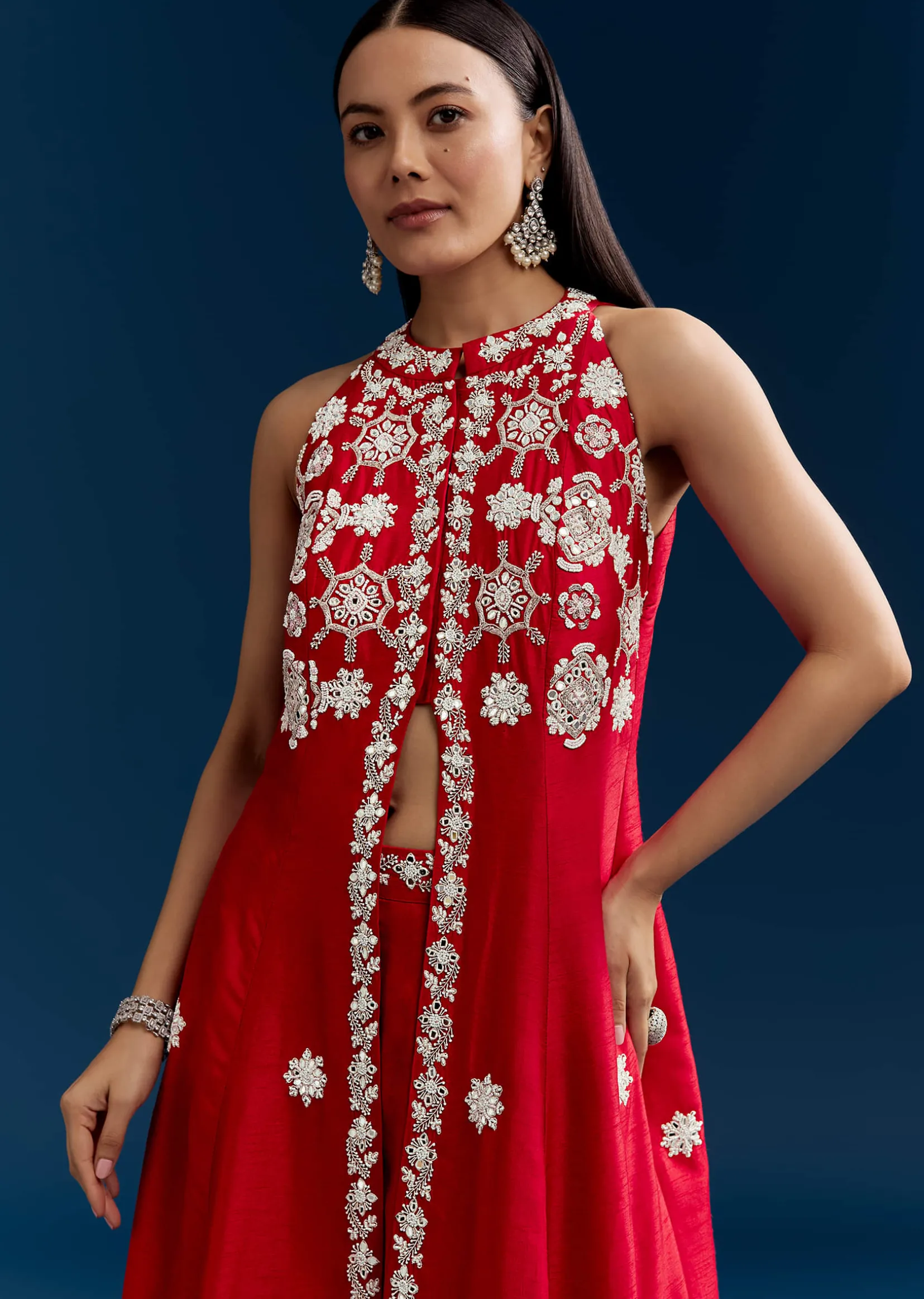 Red Palazzo Suit With Mirror And Moti Work Front Slit Kurta