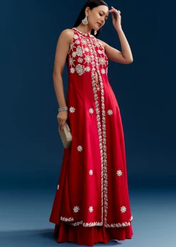 Red Palazzo Suit With Mirror And Moti Work Front Slit Kurta