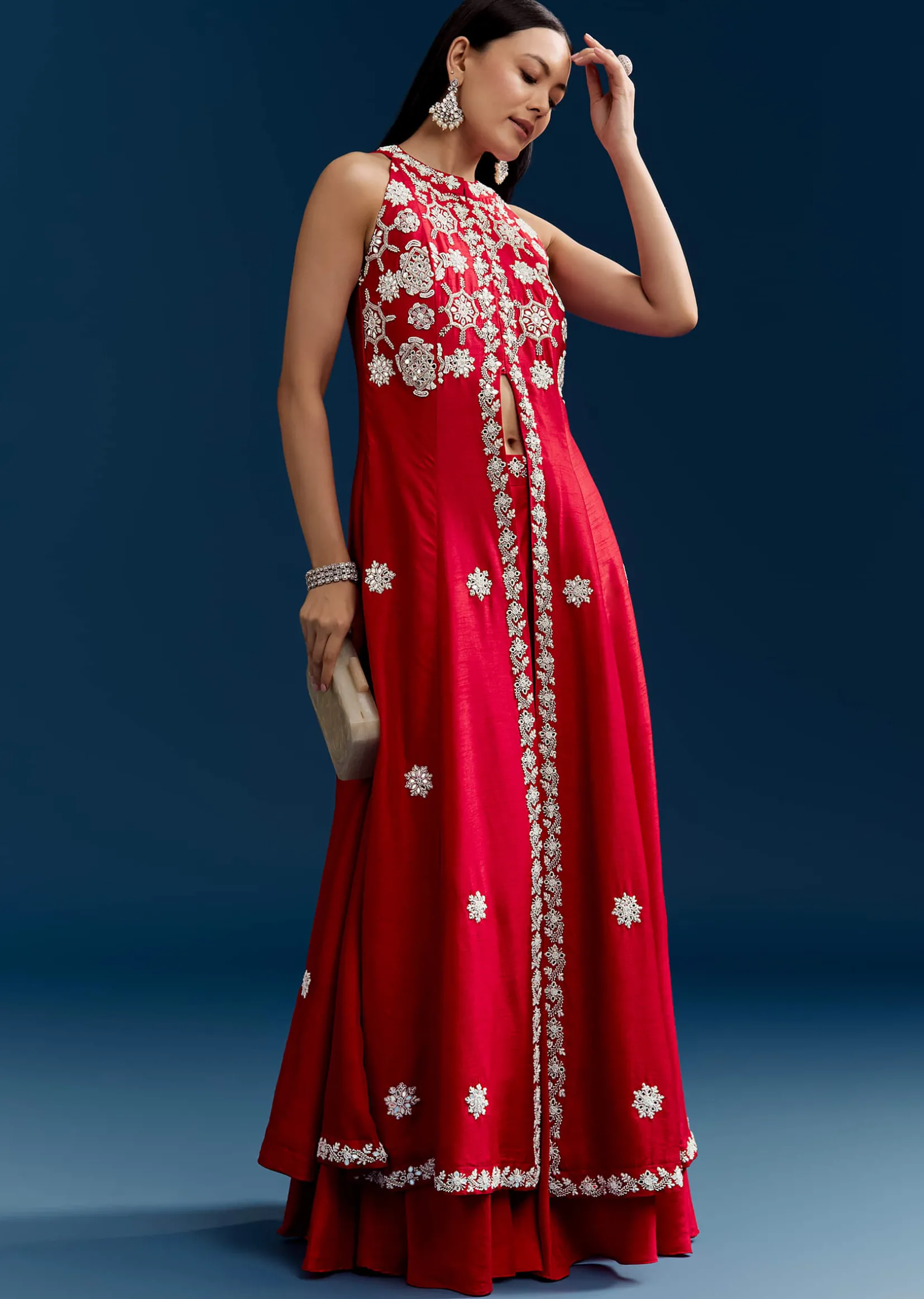 Red Palazzo Suit With Mirror And Moti Work Front Slit Kurta