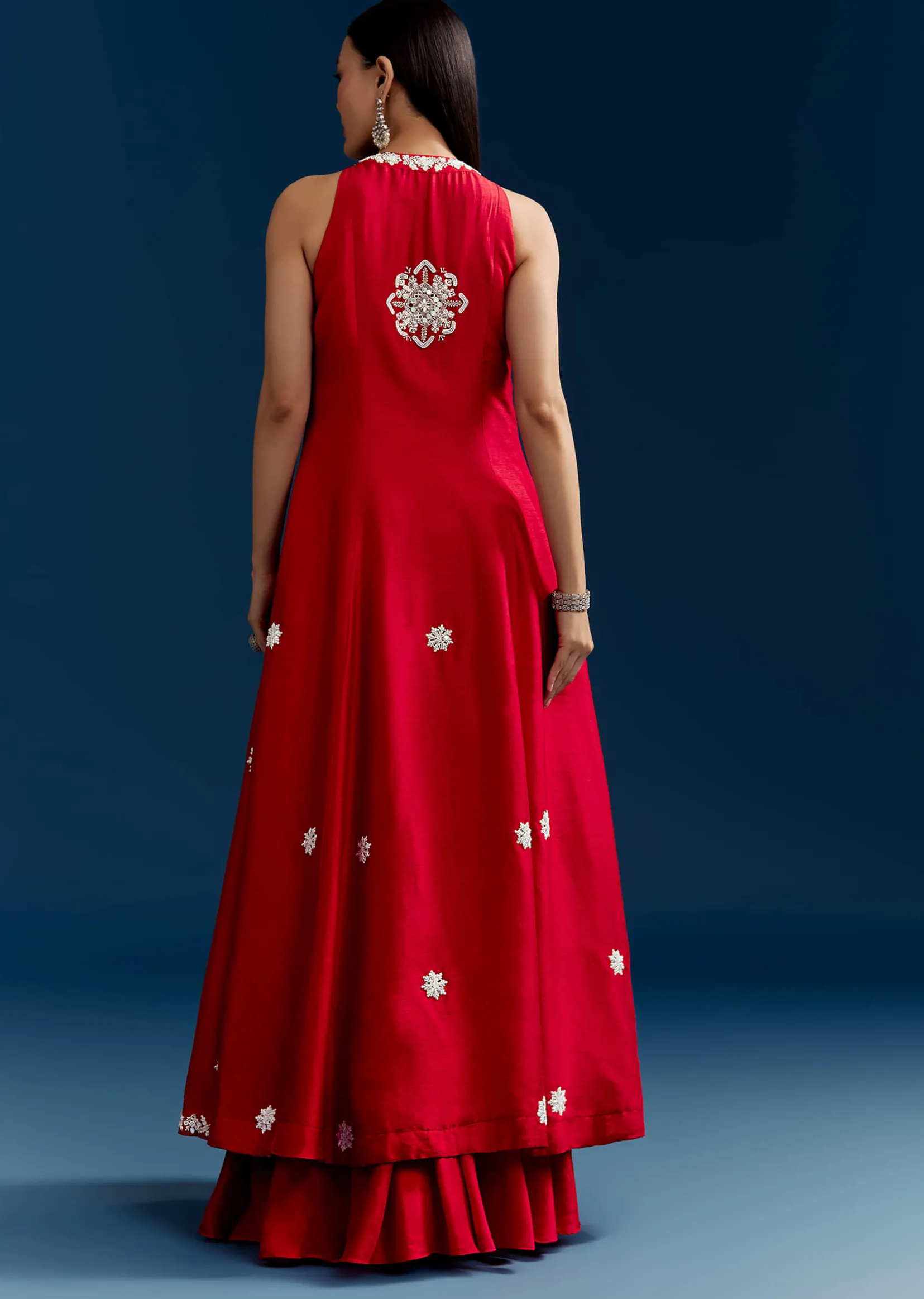 Red Palazzo Suit With Mirror And Moti Work Front Slit Kurta