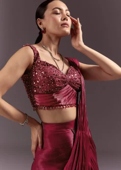 Red Pre Stitched Saree With Sleeveless V Neck Blouse