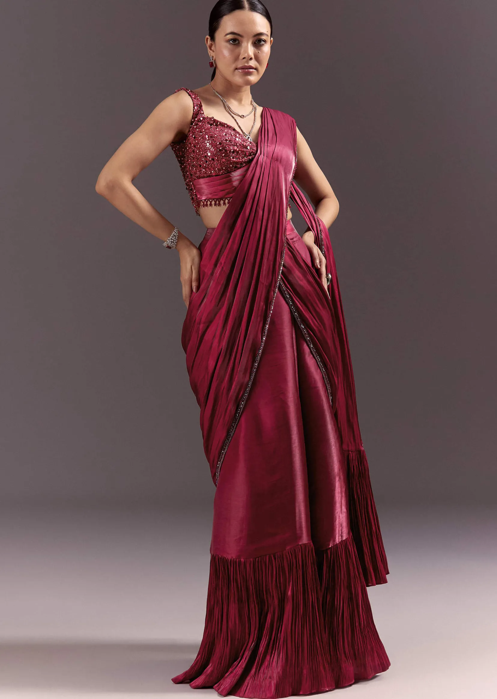 Red Pre Stitched Saree With Sleeveless V Neck Blouse