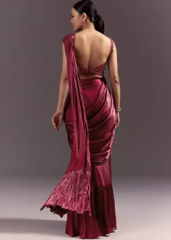 Red Pre Stitched Saree With Sleeveless V Neck Blouse