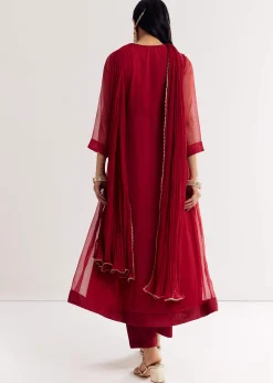Red Printed Chiffon Sequin Kurta Set With Dupatta
