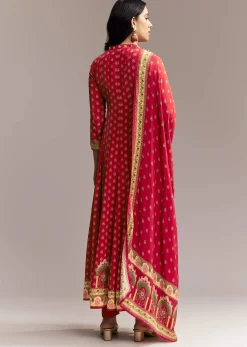 Red Printed Crepe Anarkali Set