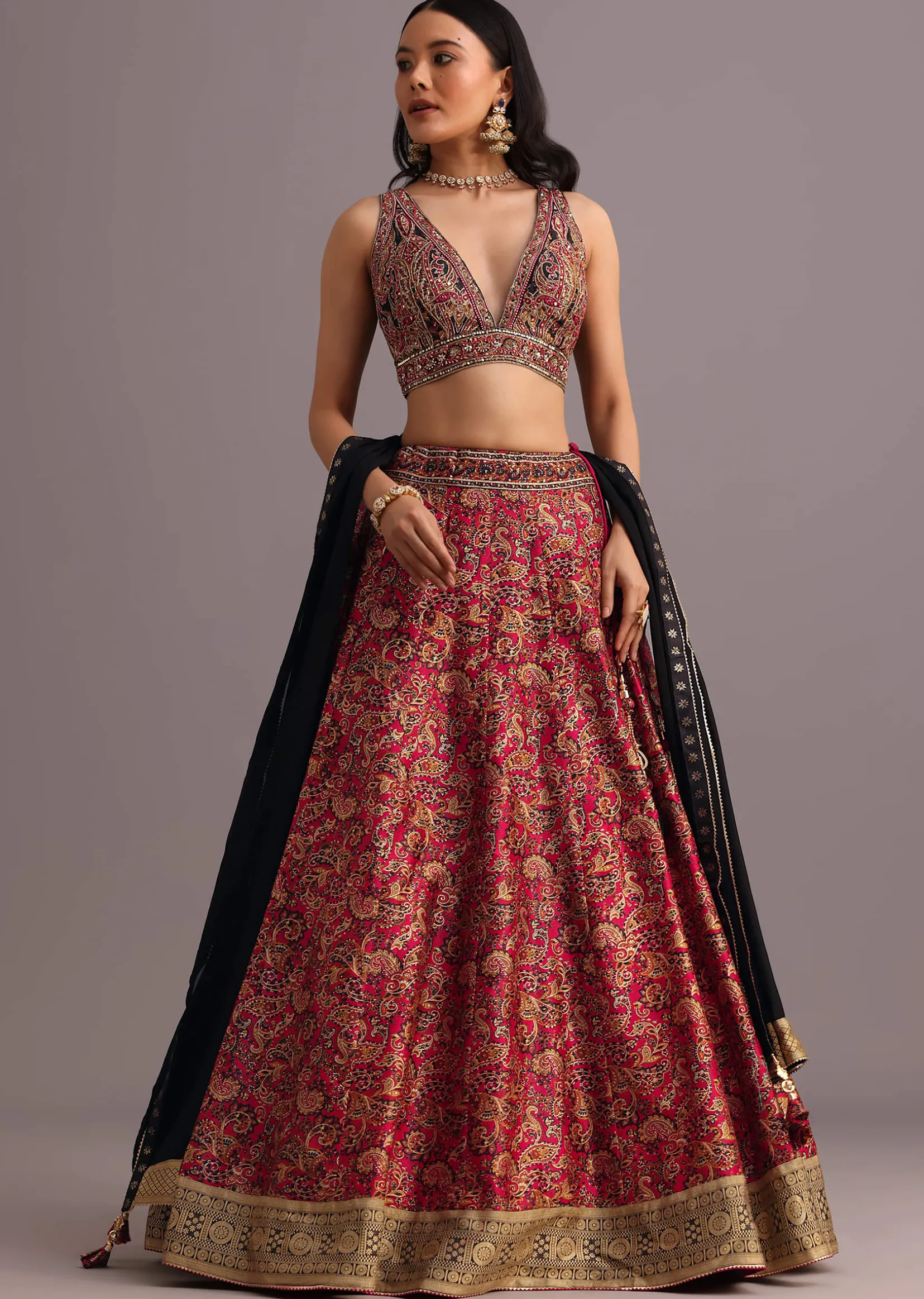 Red Printed Zari Embroidered Lehenga Choli With Dupatta