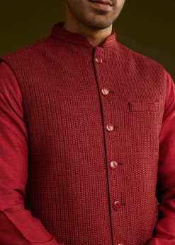 Red Rayon Kurta Jacket Set