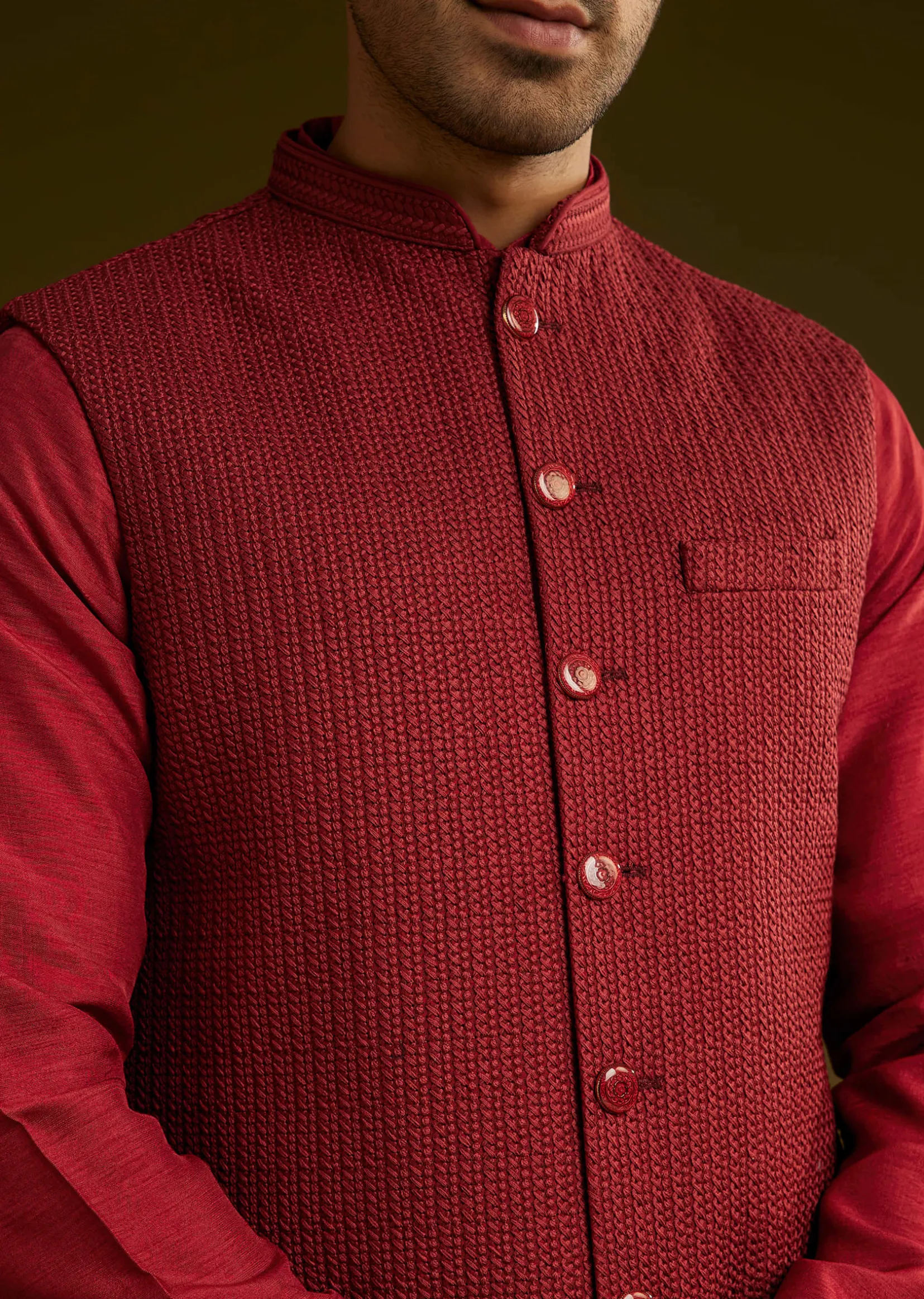 Red Rayon Kurta Jacket Set