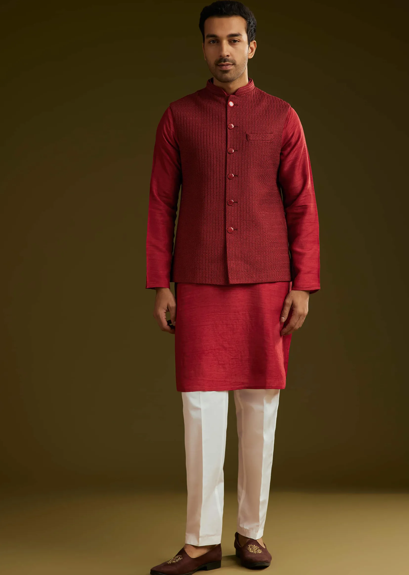 Red Rayon Kurta Jacket Set