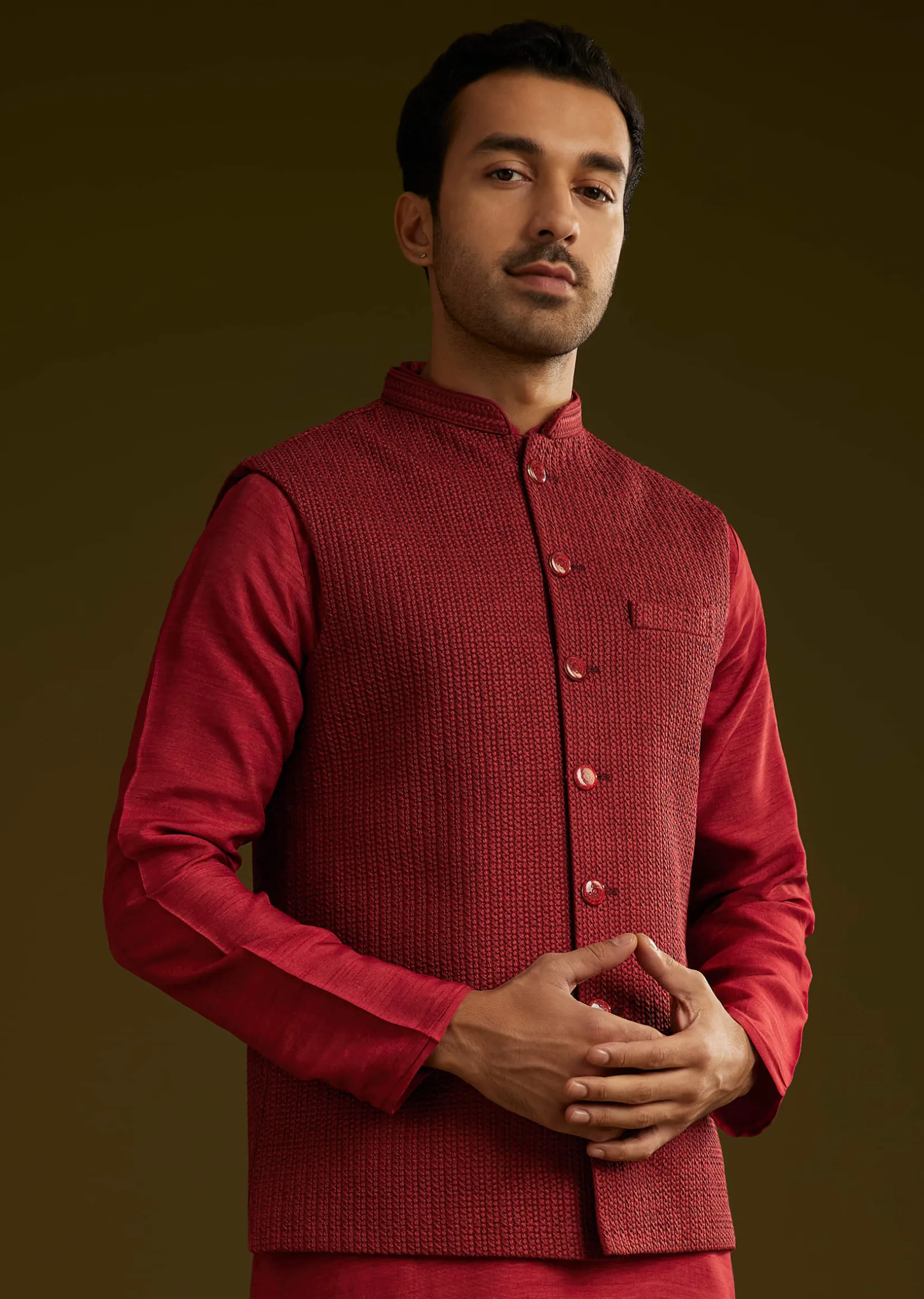 Red Rayon Kurta Jacket Set