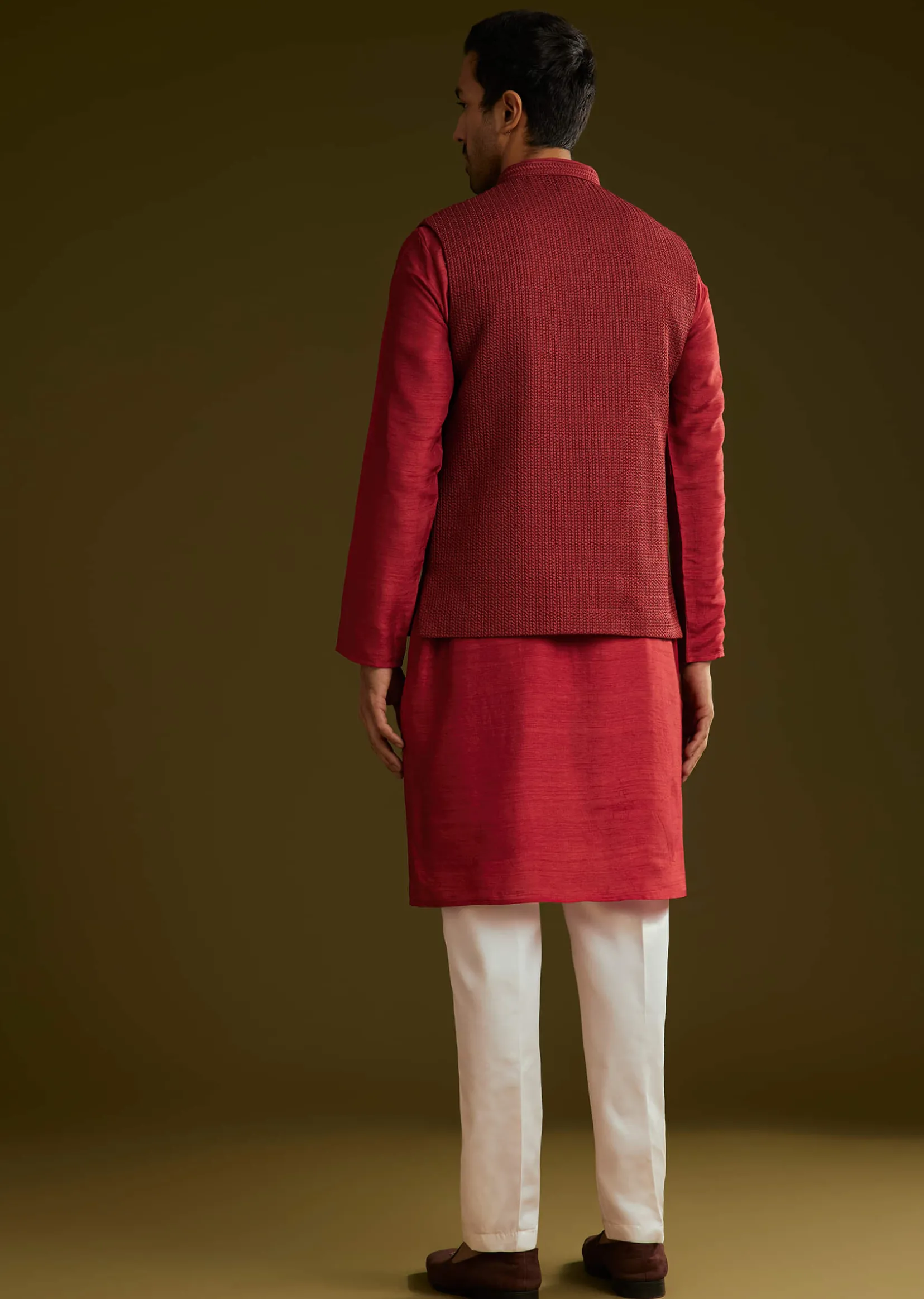 Red Rayon Kurta Jacket Set