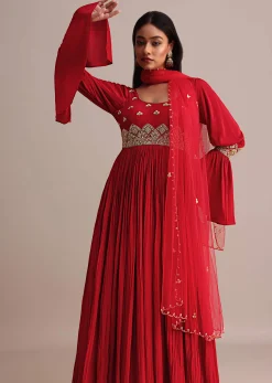 Red Ruched Anarkali Suit With Dupatta