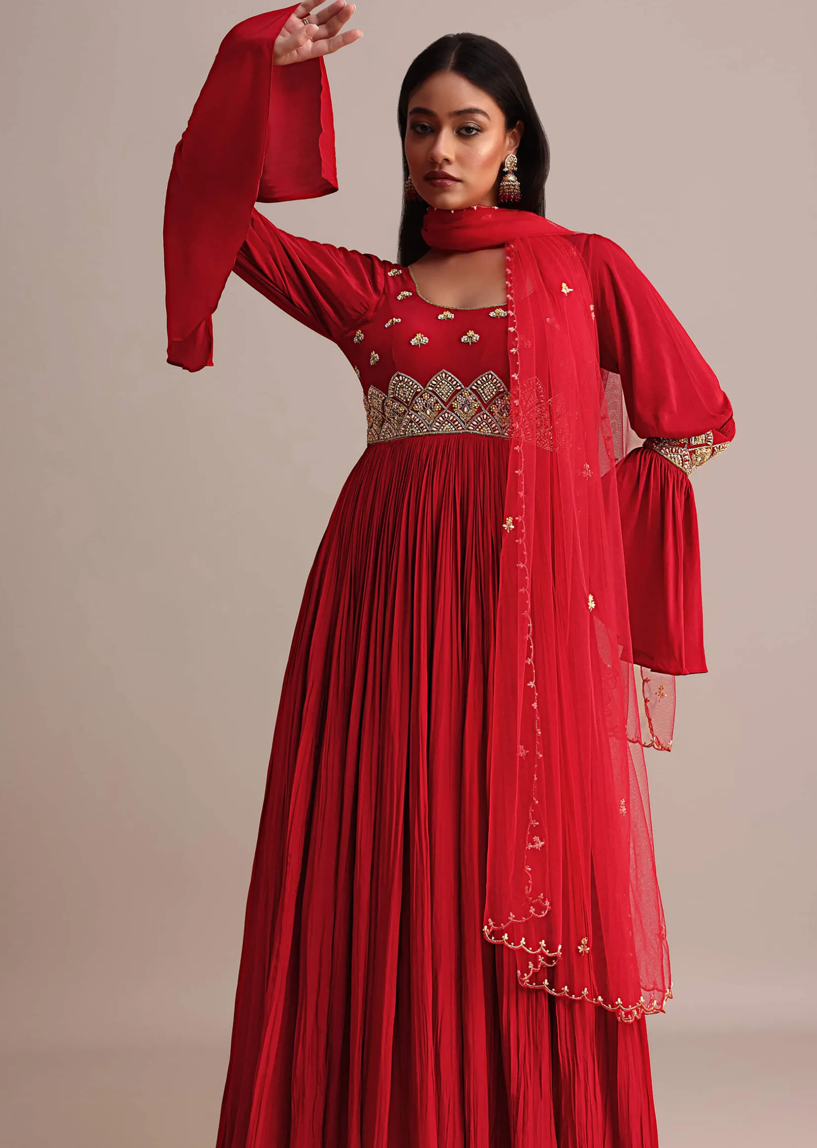 Red Ruched Anarkali Suit With Dupatta
