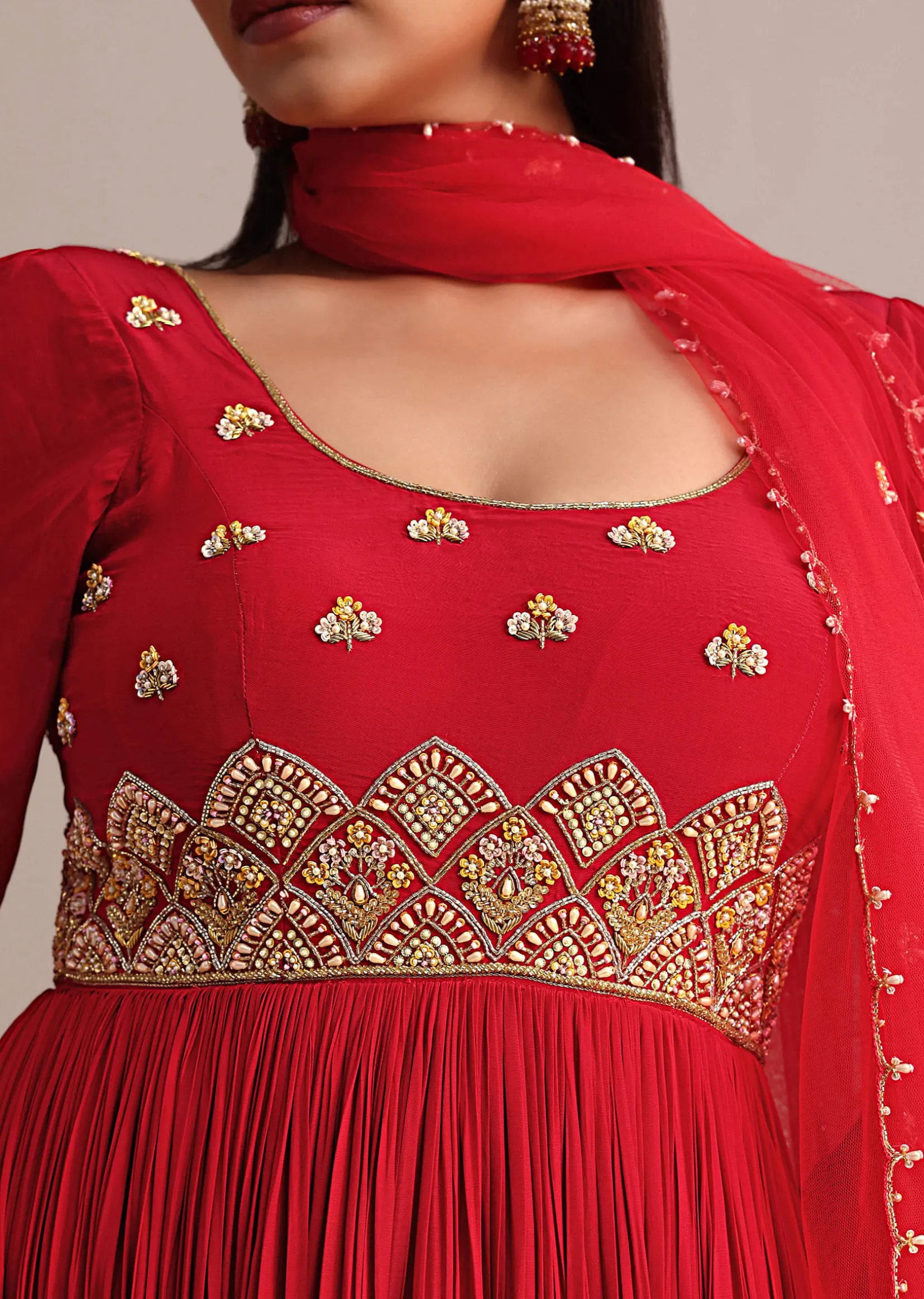 Red Ruched Anarkali Suit With Dupatta