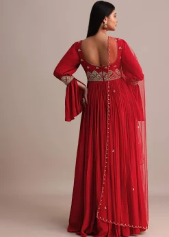 Red Ruched Anarkali Suit With Dupatta