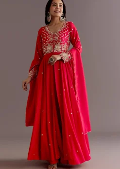 Red Russian Silk Front Slit Cutdana Beaded Kurta Set With Dupatta