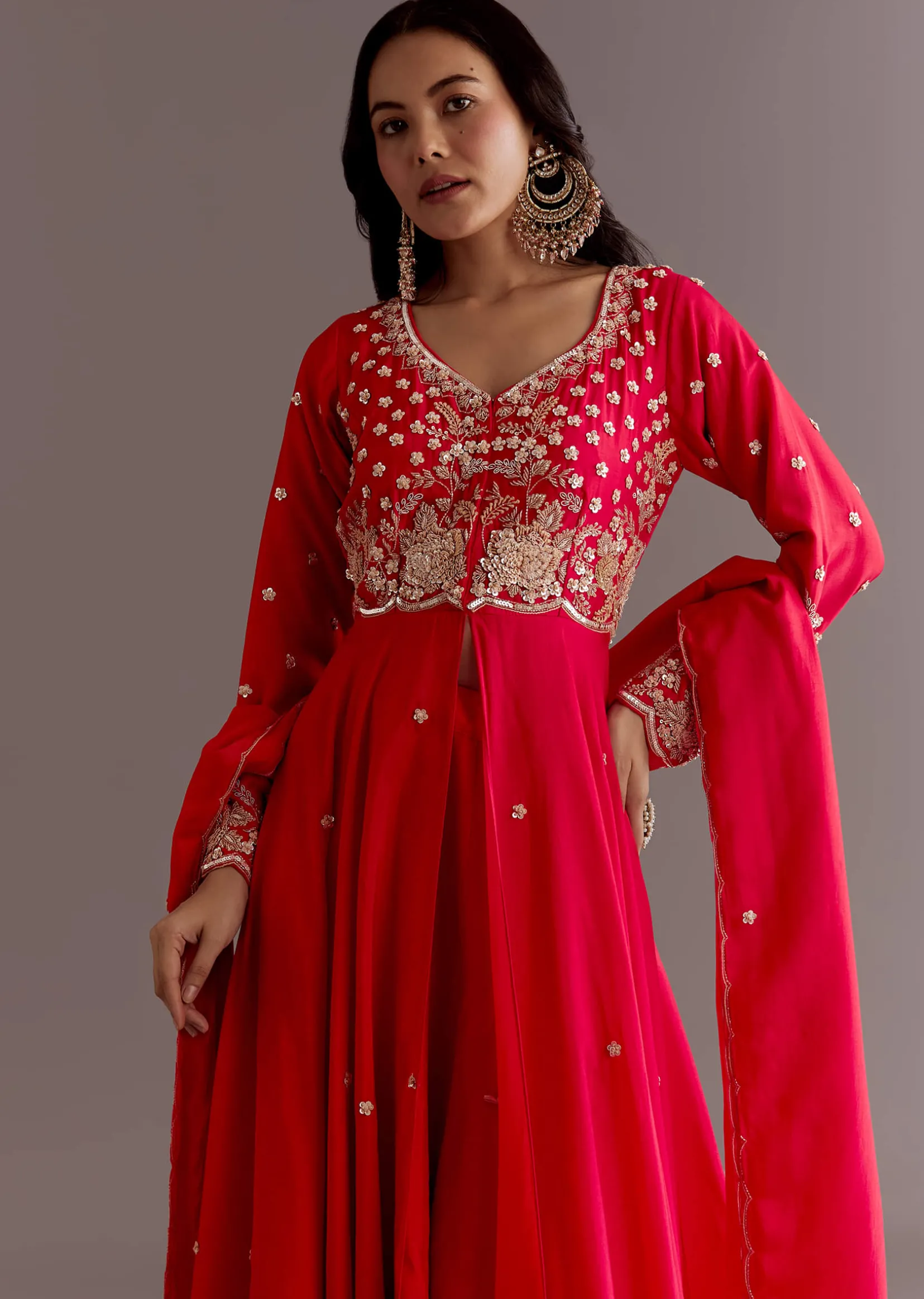 Red Russian Silk Front Slit Cutdana Beaded Kurta Set With Dupatta