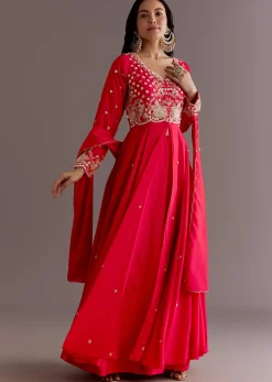 Red Russian Silk Front Slit Cutdana Beaded Kurta Set With Dupatta