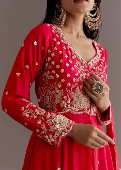 Red Russian Silk Front Slit Cutdana Beaded Kurta Set With Dupatta