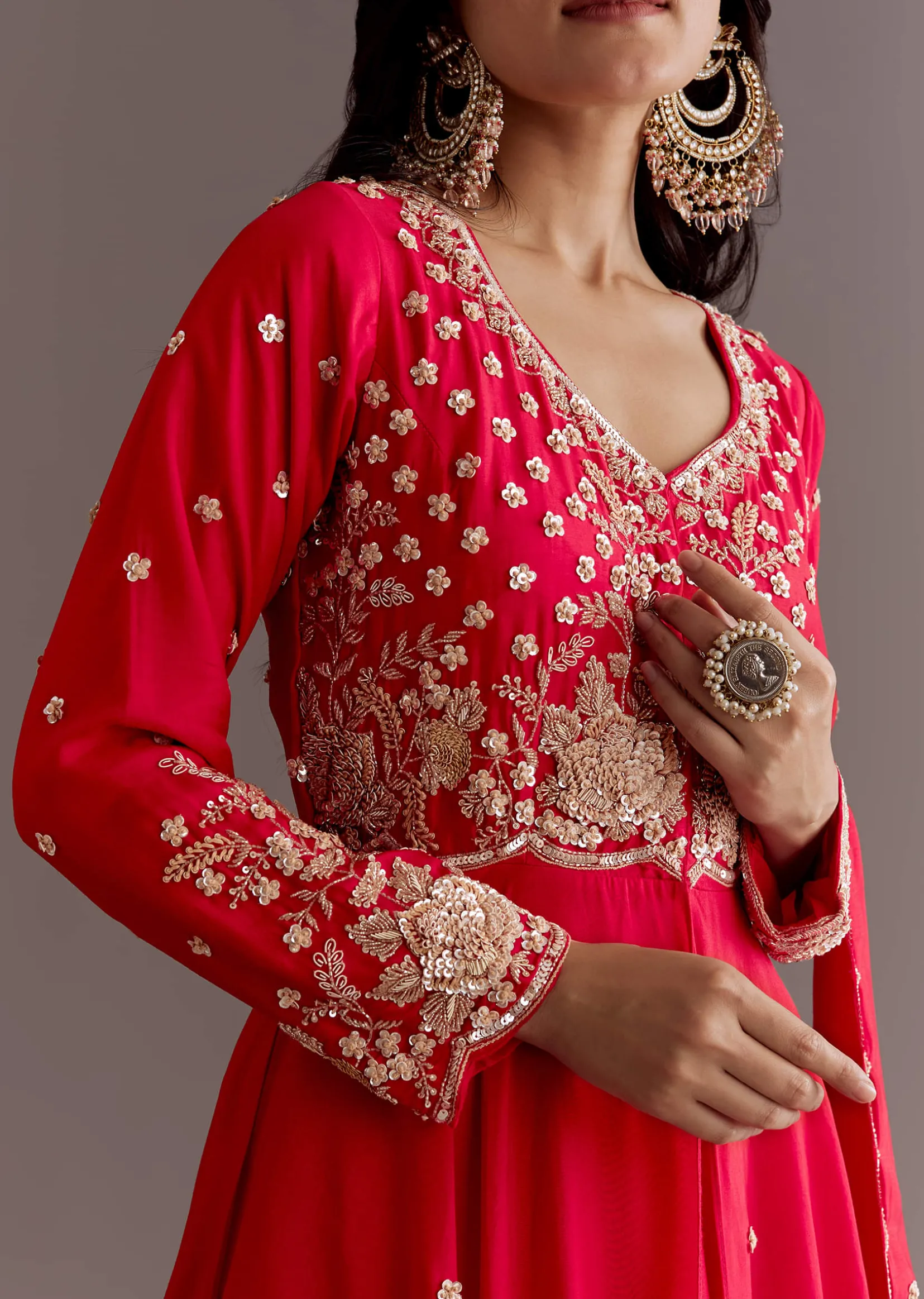 Red Russian Silk Front Slit Cutdana Beaded Kurta Set With Dupatta