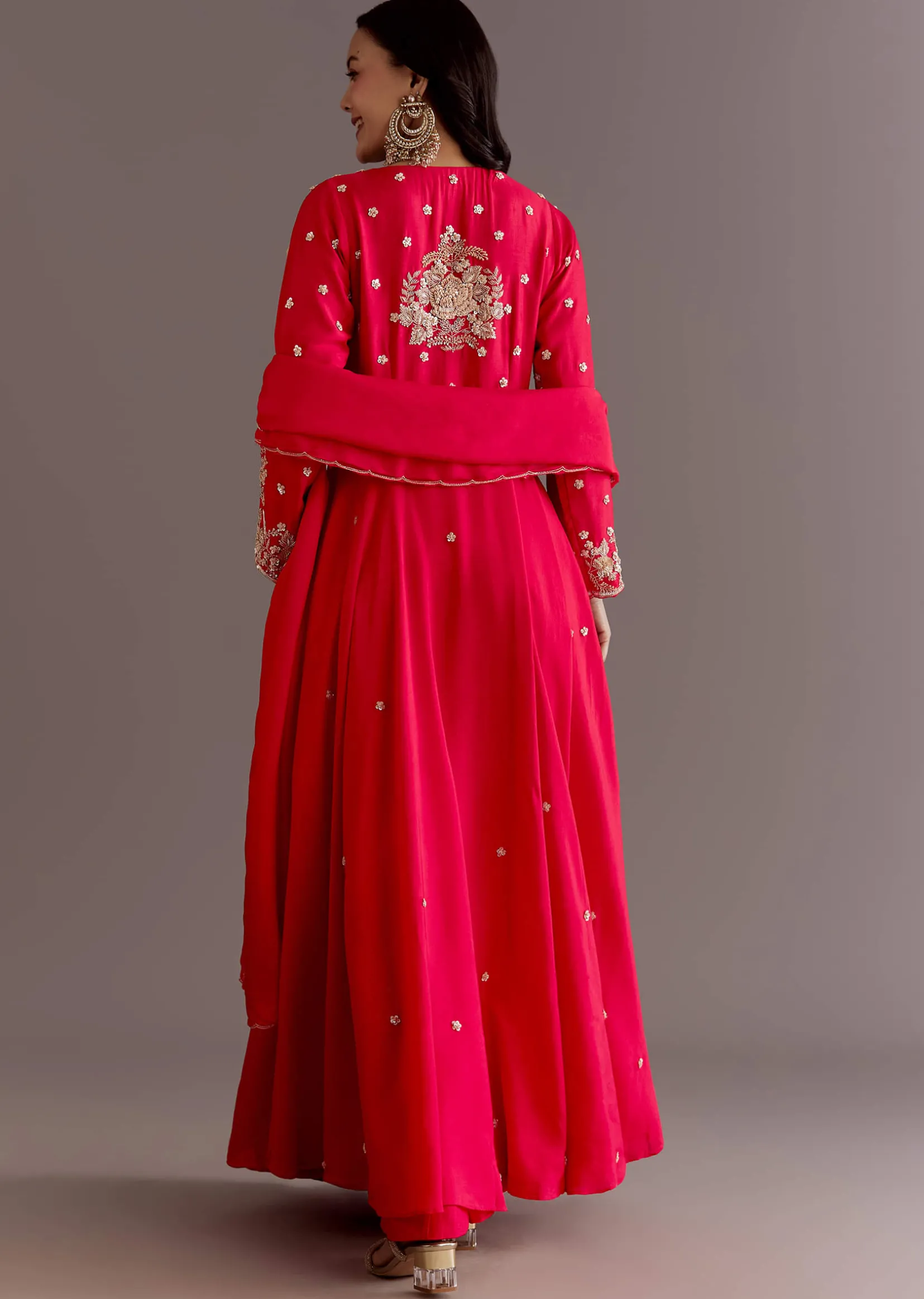 Red Russian Silk Front Slit Cutdana Beaded Kurta Set With Dupatta