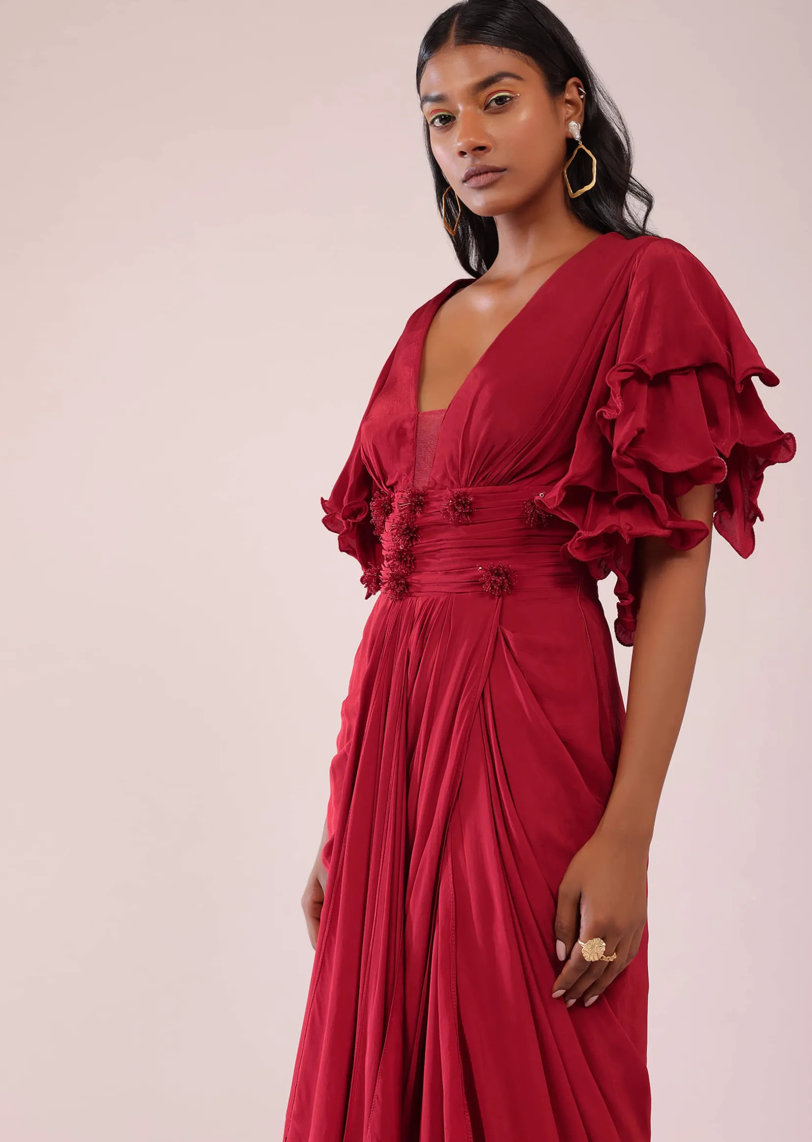Red Saree Gown In Crepe With Frill Sleeves And Delicate Hand Embroidery