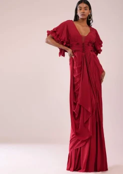 Red Saree Gown In Crepe With Frill Sleeves And Delicate Hand Embroidery