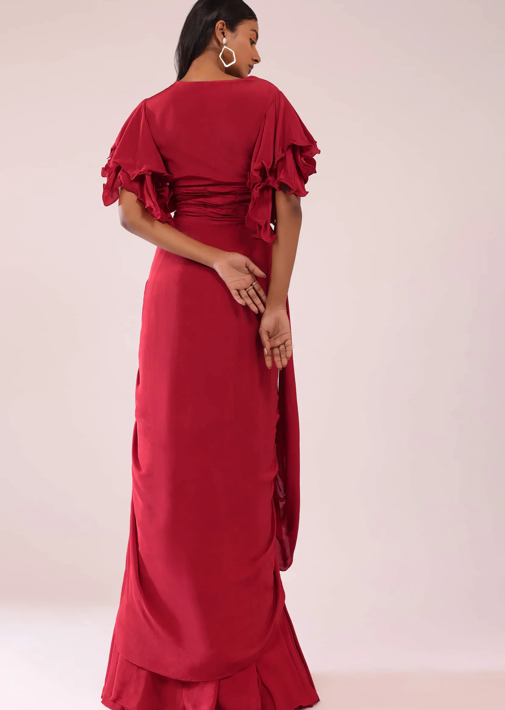 Red Saree Gown In Crepe With Frill Sleeves And Delicate Hand Embroidery