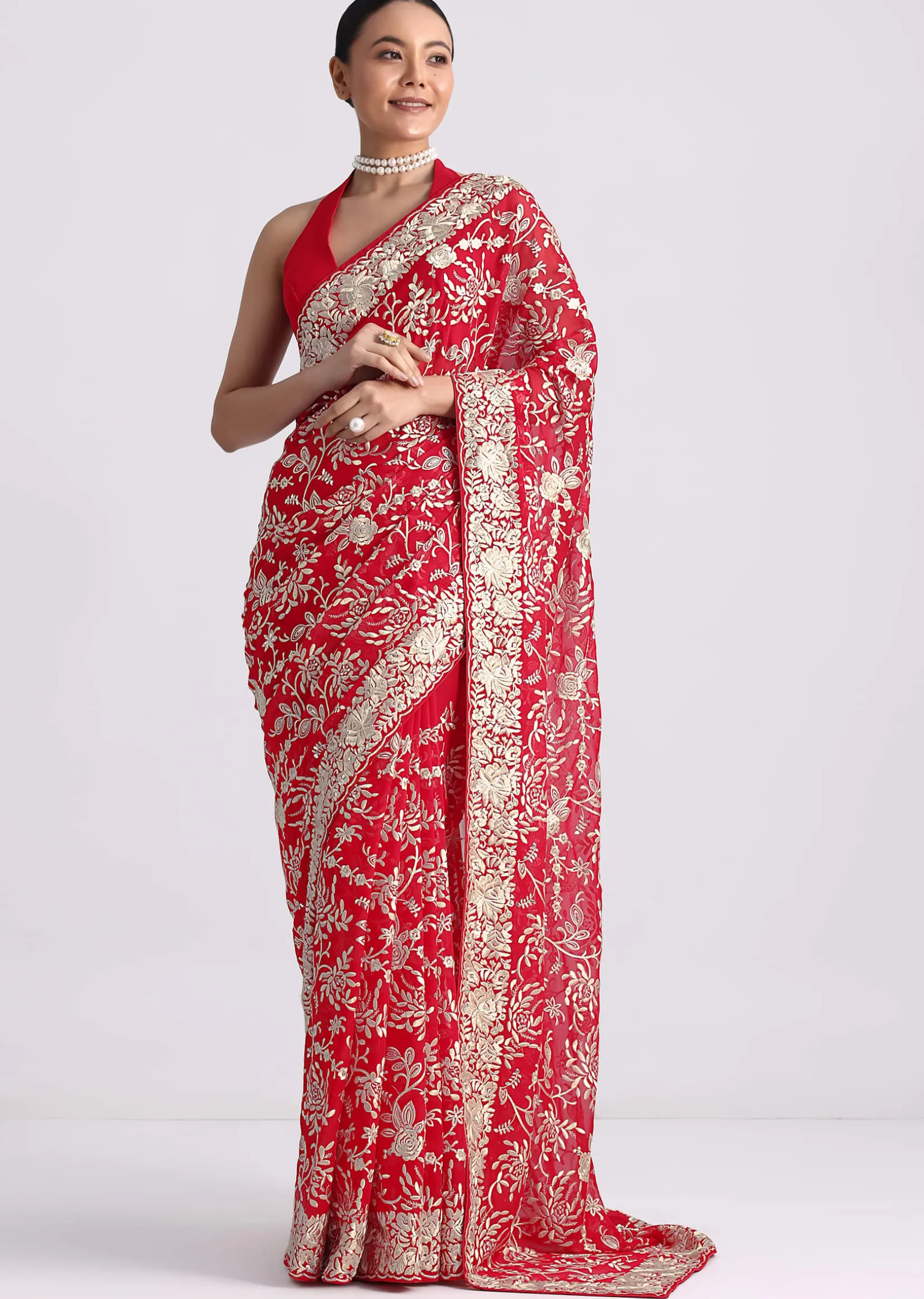 Red Saree In Georgette with Parsi Gara Work