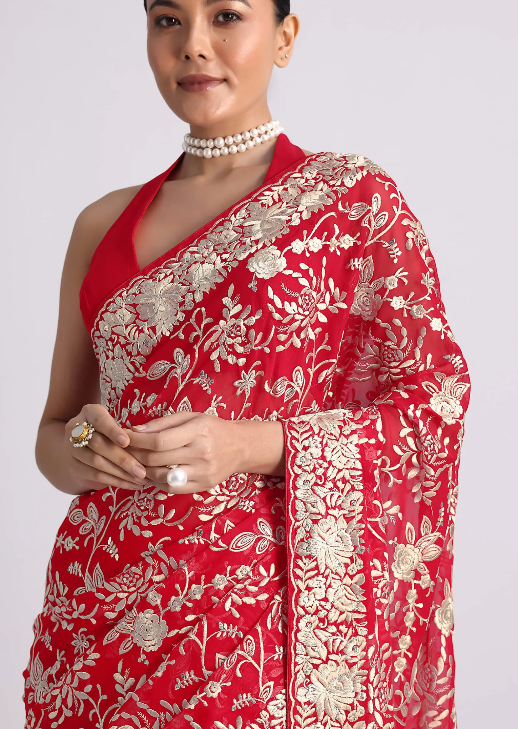 Red Saree In Georgette with Parsi Gara Work