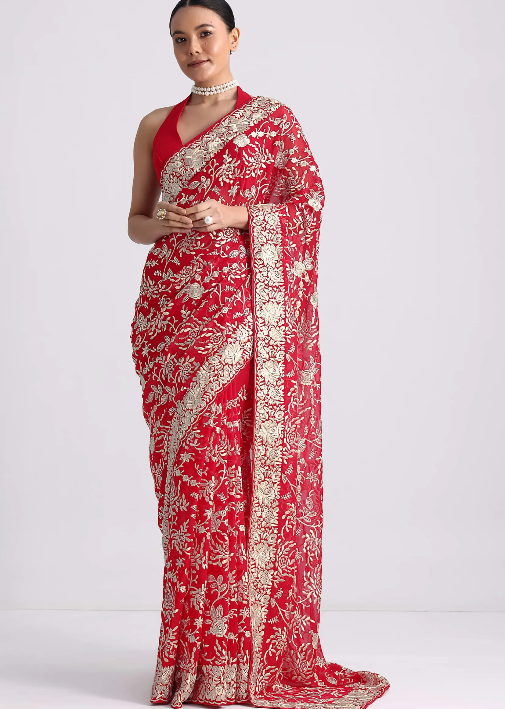 Red Saree In Georgette with Parsi Gara Work